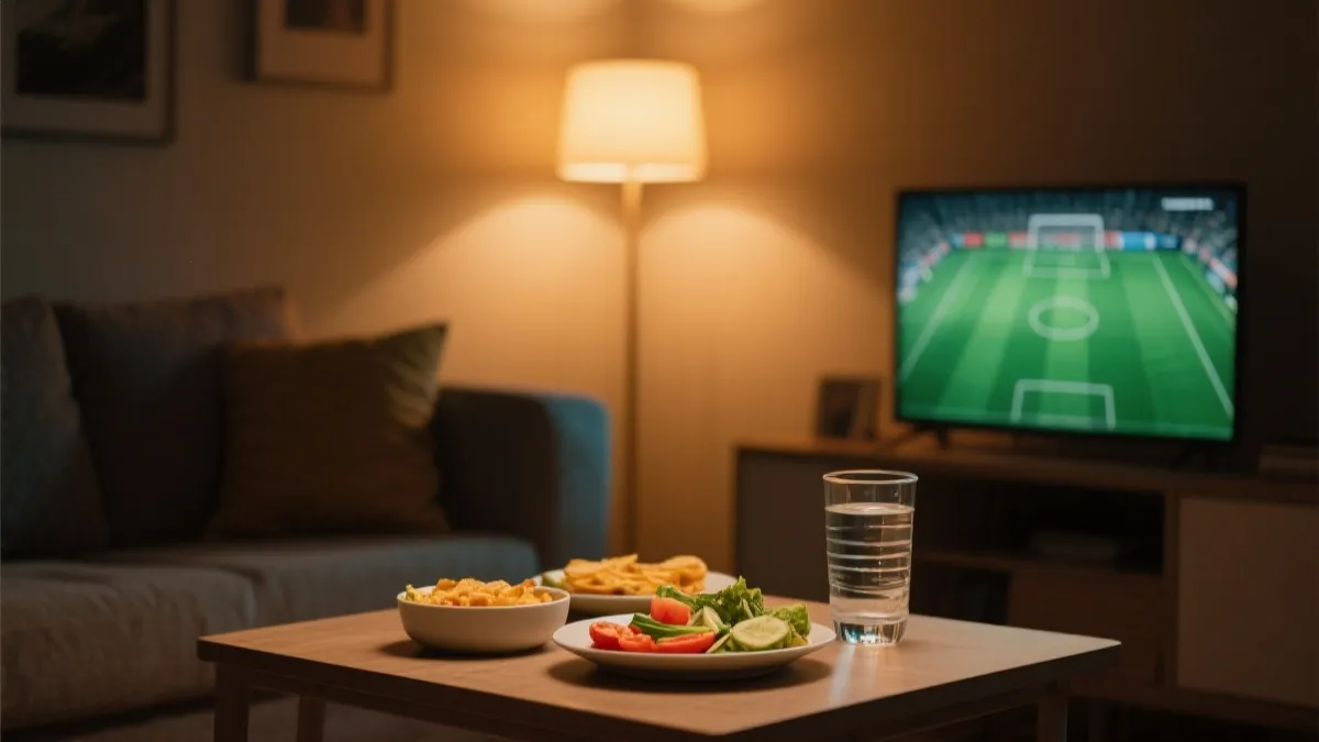 健康观赛夜宵与补水组合示意：轻食、温水、低光环境